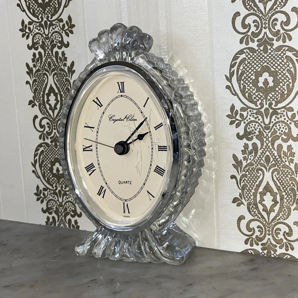 Vintage Lead Crystal Glass Shelf Mantle Bedside Quartz Clock WORKS Crystal Clear